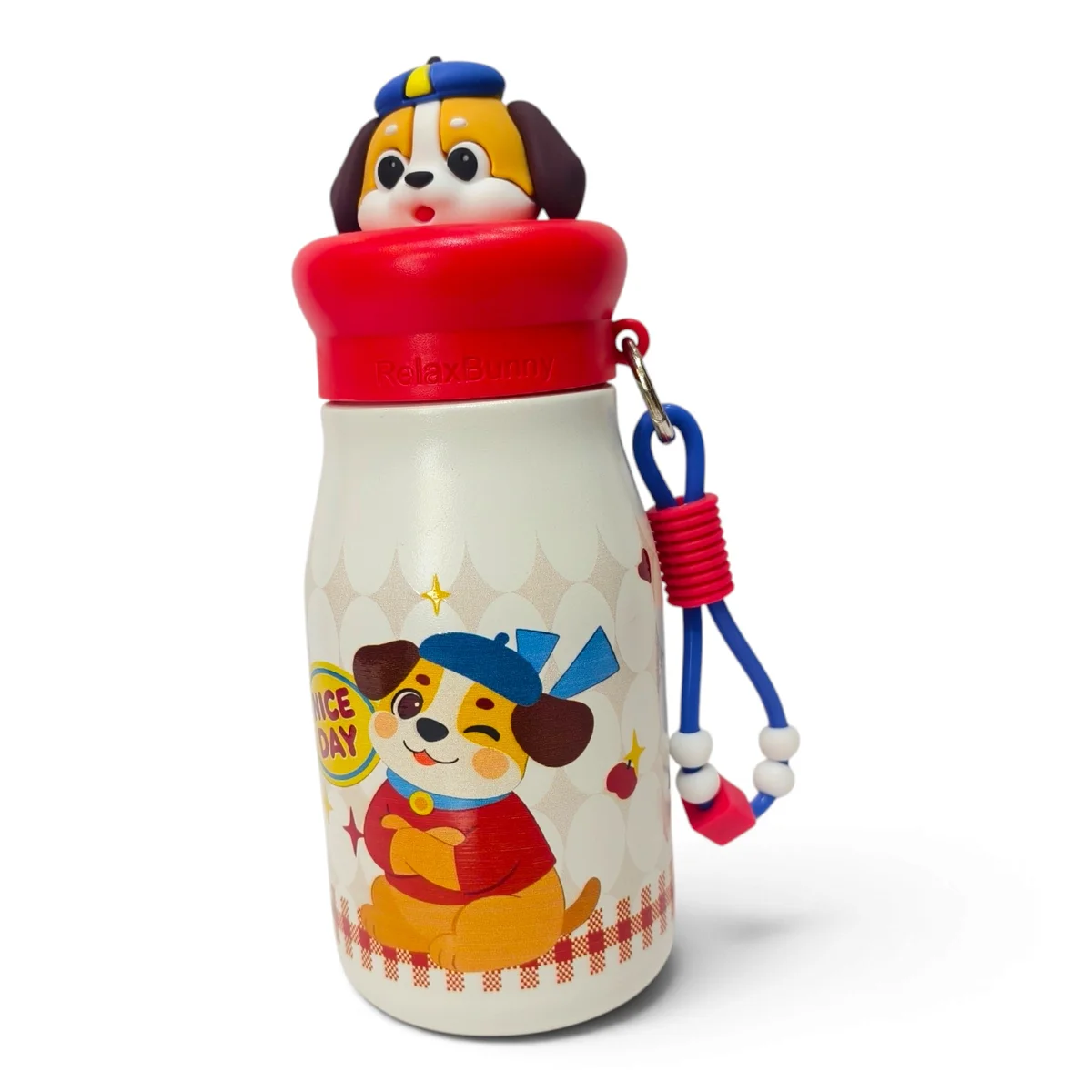 Product image showing the children's water bottle standing upright against a white background. It has an off-white body decorated with a colourful dog character