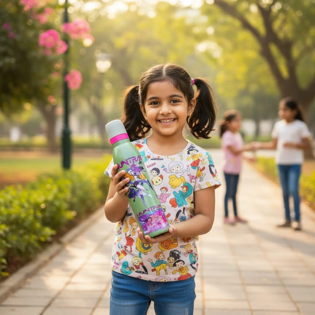 Lifestyle image showing a young girl holding the light blue kids water bottle indoors. The bottle features colourful K-pop-inspired character graphics, bold pin