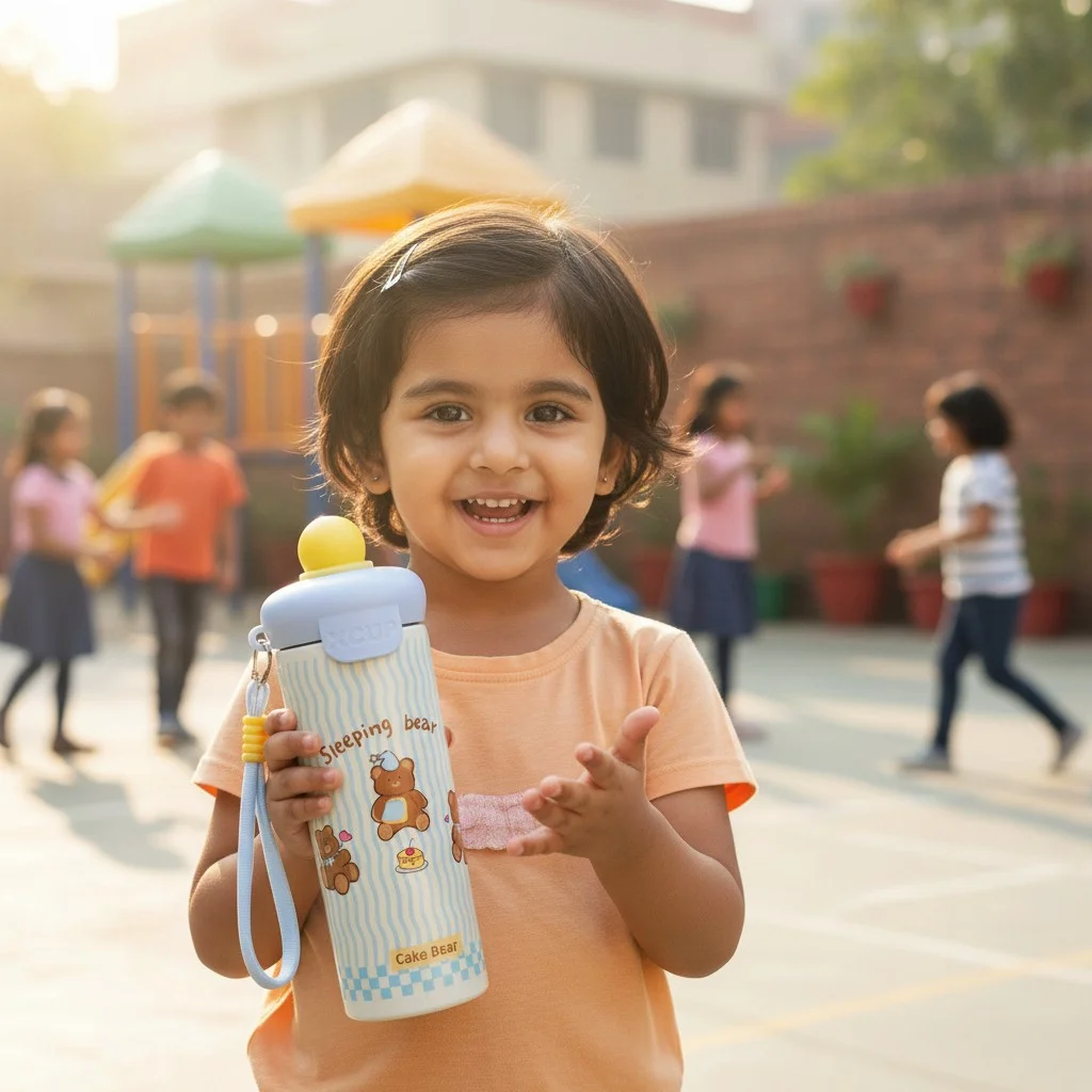 A sweet girl small seven years old holding a beautiful bearship water tumbler in her preschool