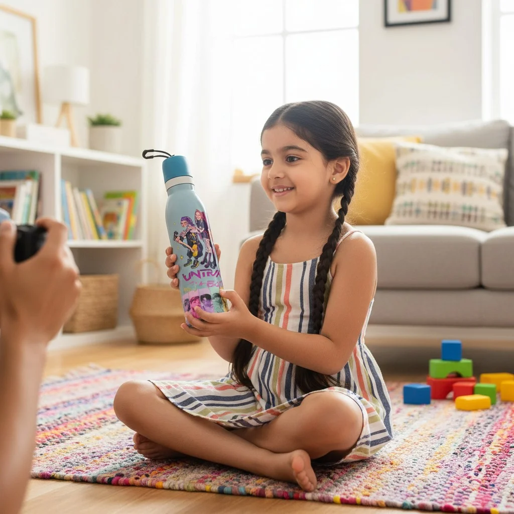 Lifestyle image showing a young girl holding the light blue children's water bottle while sitting indoors. The bottle features colourful pop-star style characte