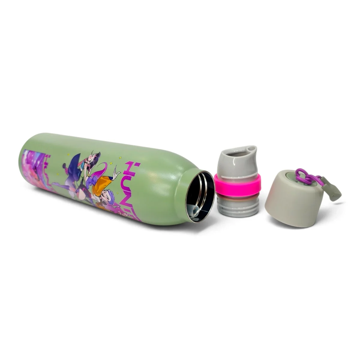 Detailed product image showing the light blue kids water bottle lying horizontally with its lid components separated beside it. The bottle opening, internal dri