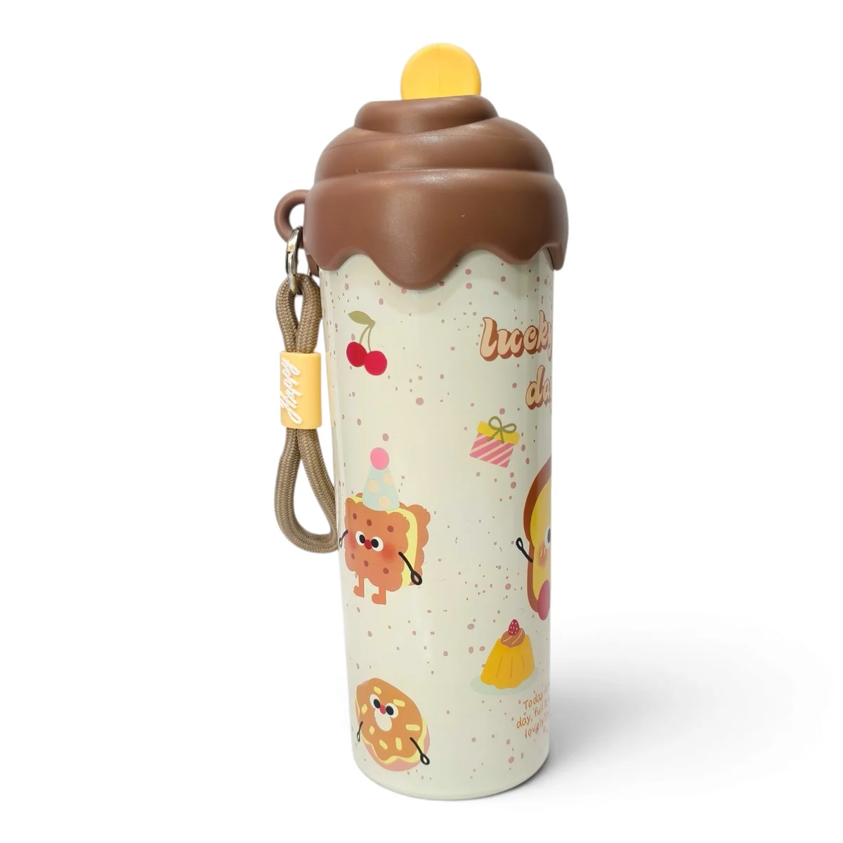Product image showing the children's water bottle standing upright against a white background. It features a cream-coloured body decorated with colourful cookie