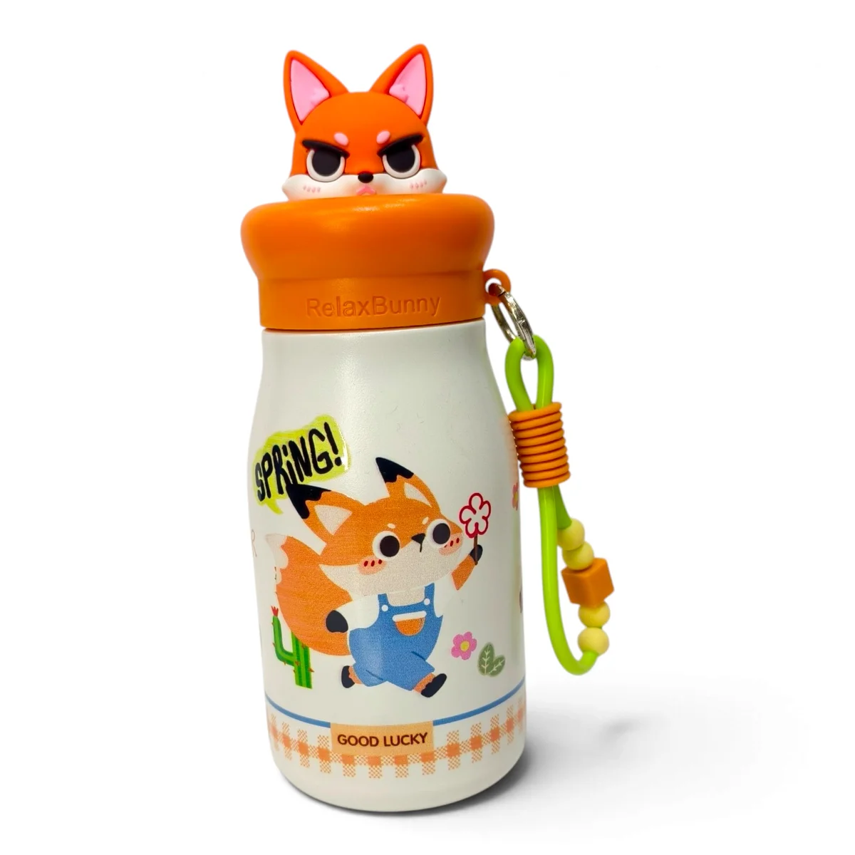 A fox inspired water bottle with animal print of fox on it stainless steel build an silicon fox head as a lid
