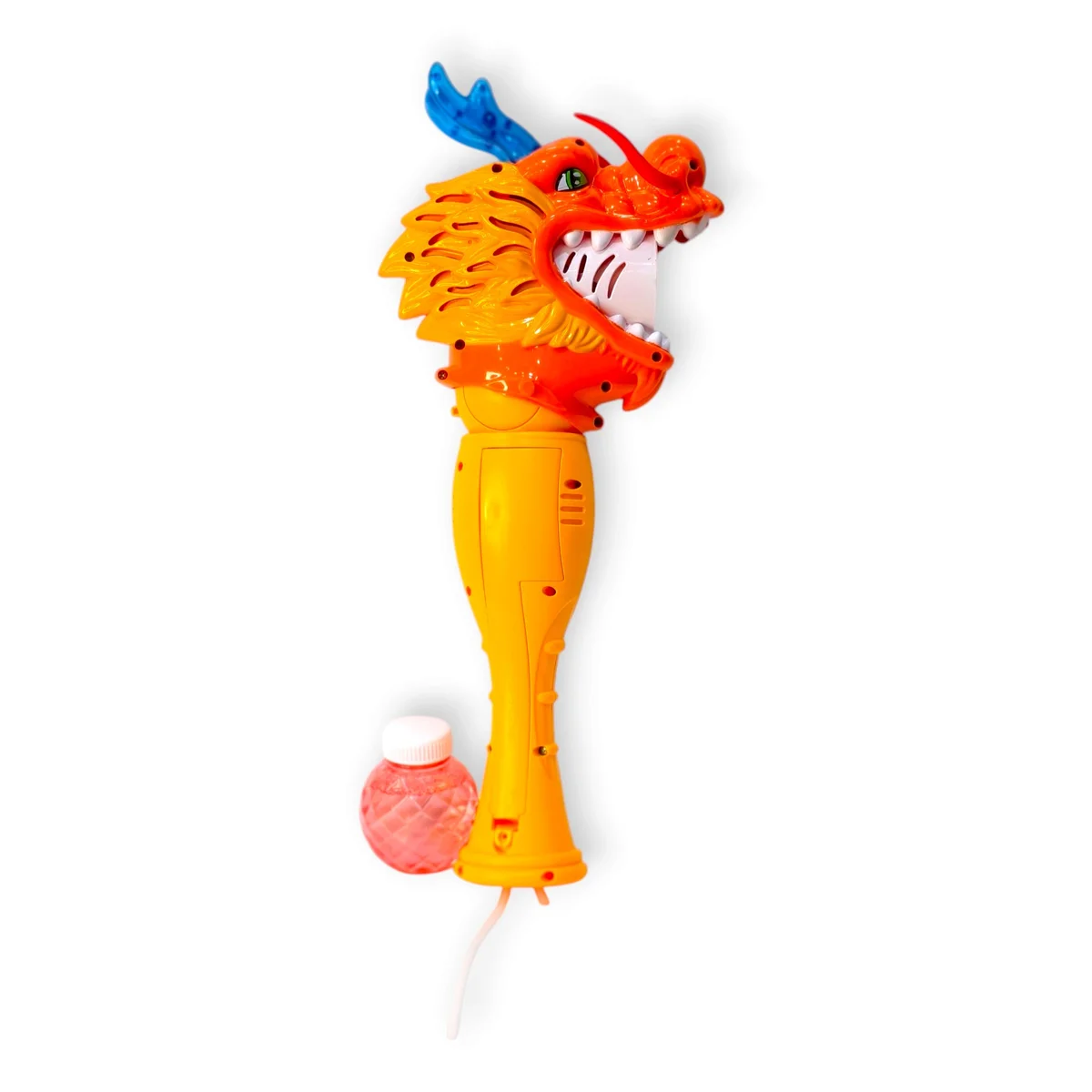 This image displays the reverse side of the bubble machine, showing the dragon-head construction, handle body, rear panel and structural detailing. The bubble-s
