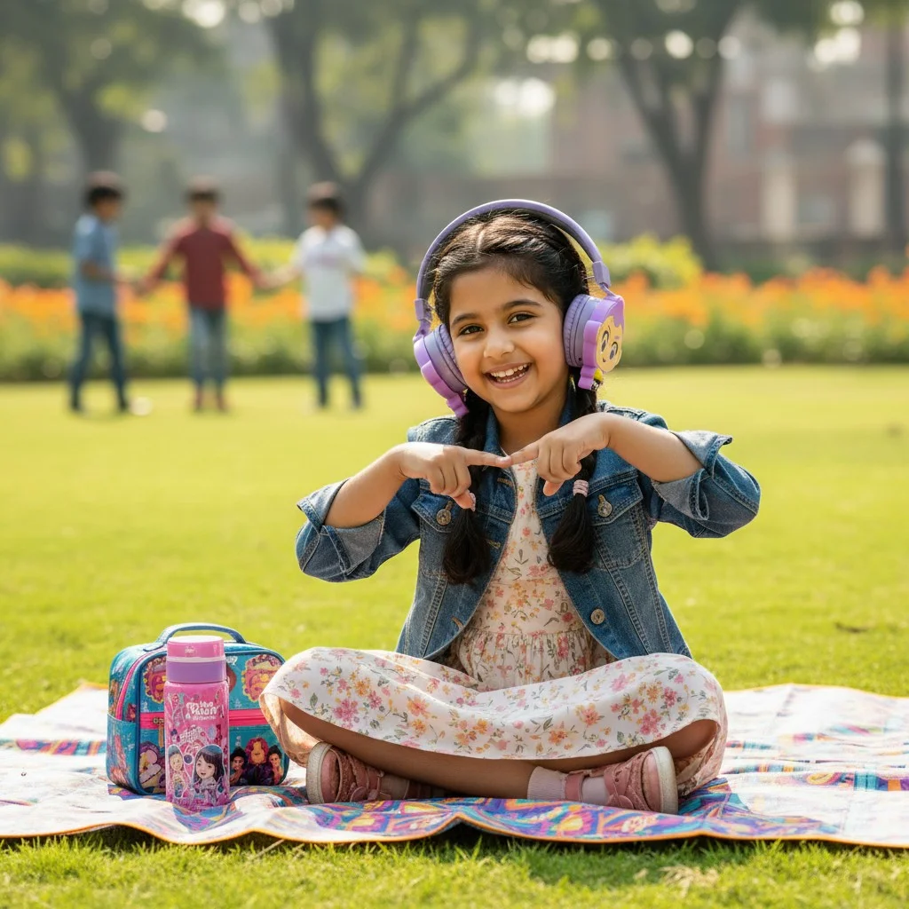Child wearing the purple character-themed headphones outdoors, demonstrating the product in a fun everyday setting.