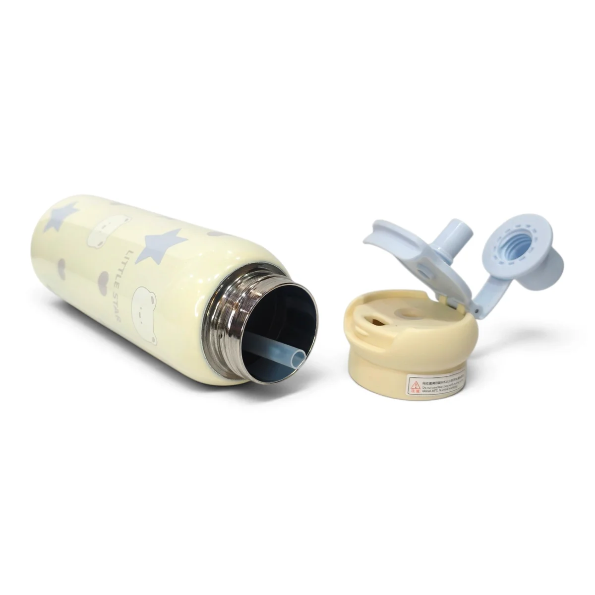 A detailed product image showing the Little Star kids water bottle lying horizontally with its lid removed and placed beside it. The open bottle reveals its thr