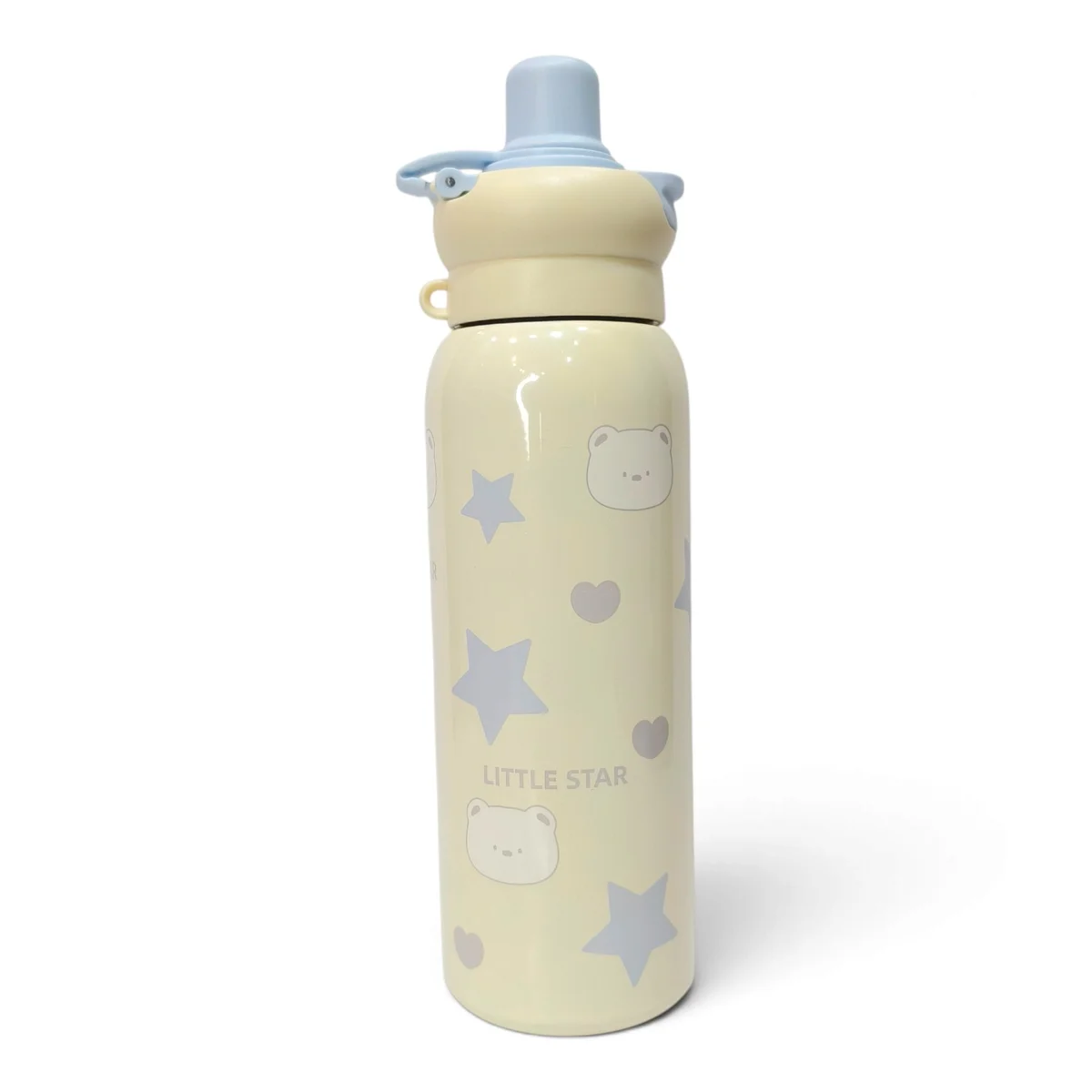 A front product image of the Little Star kids water bottle displayed against a clean white background. The bottle has a soft cream body decorated with cute bear