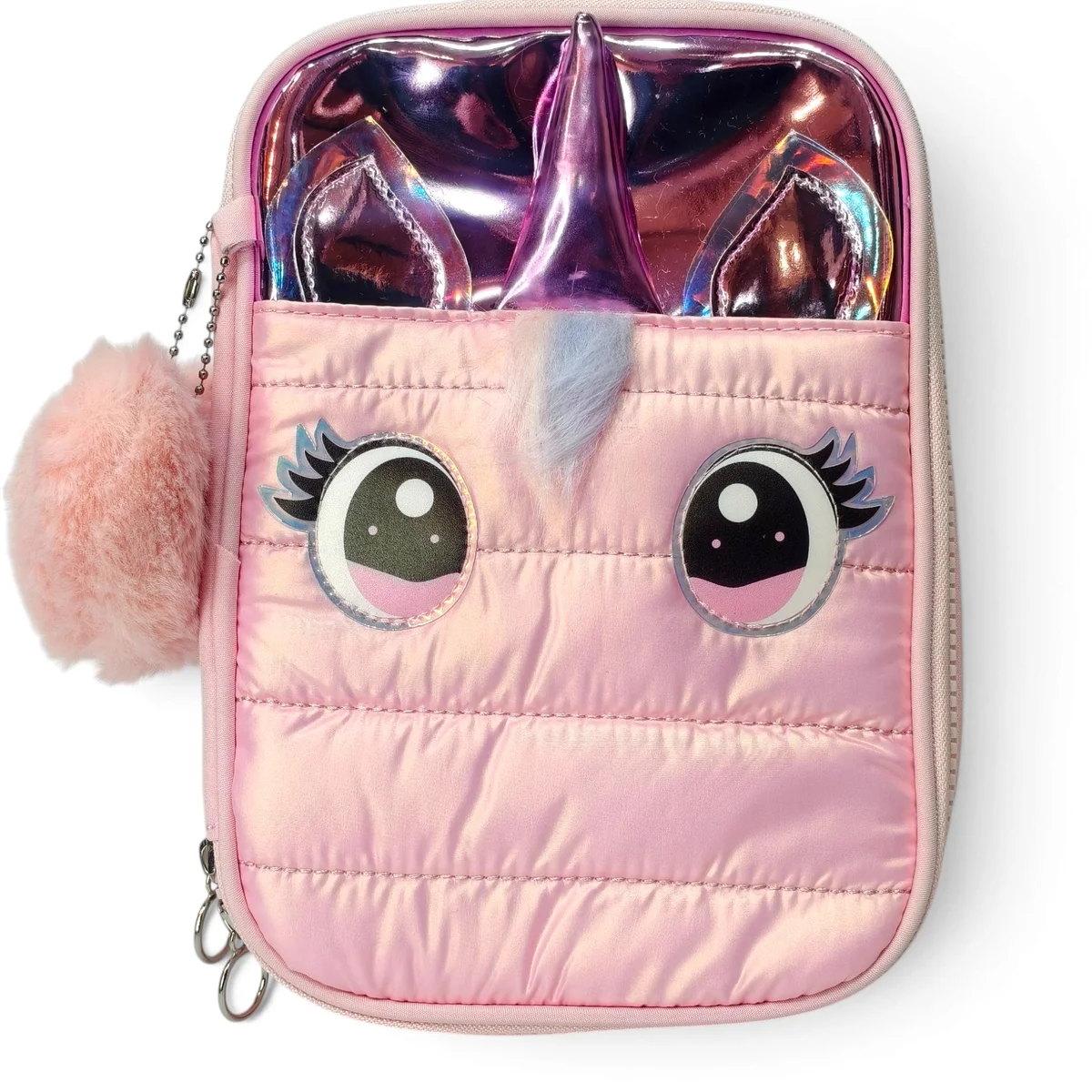 Pink interior showing the organized mesh pocket and multiple elastic loops for stationery.
