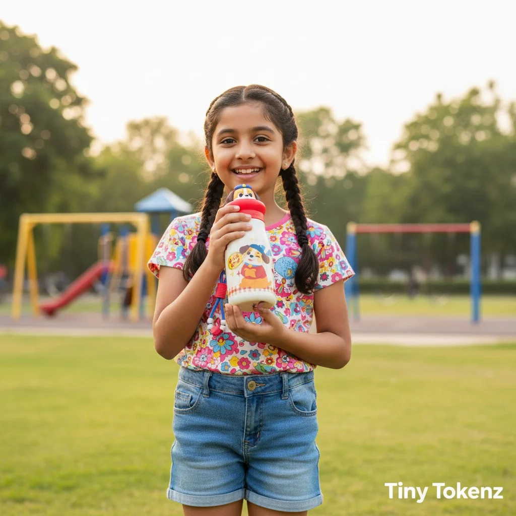Lifestyle image showing a young girl holding the children's water bottle at a playground. The bottle features a white body with a colourful dog character print,