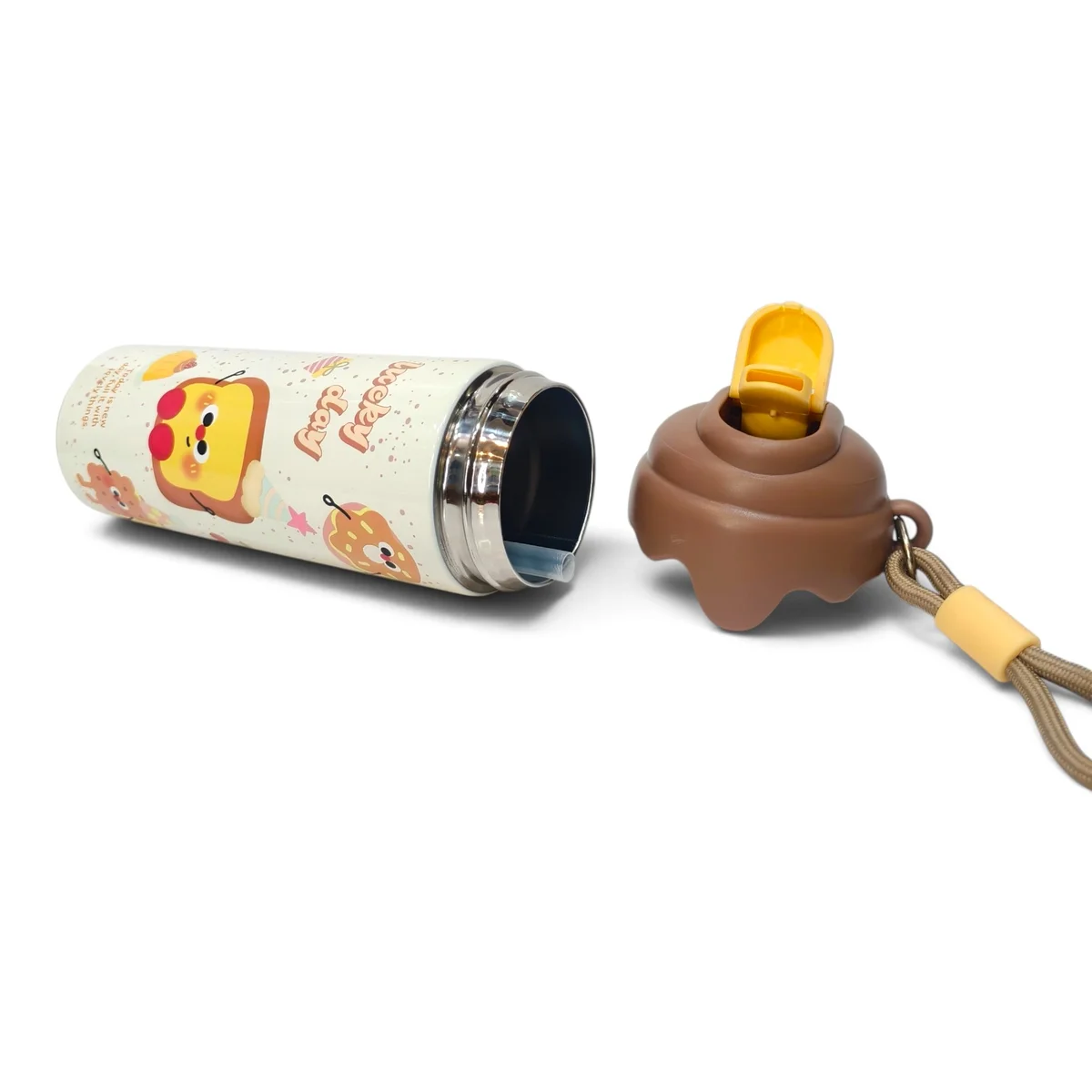 Detailed product image showing the children's water bottle lying horizontally with its brown flip lid separated from the bottle. The open bottle reveals the int