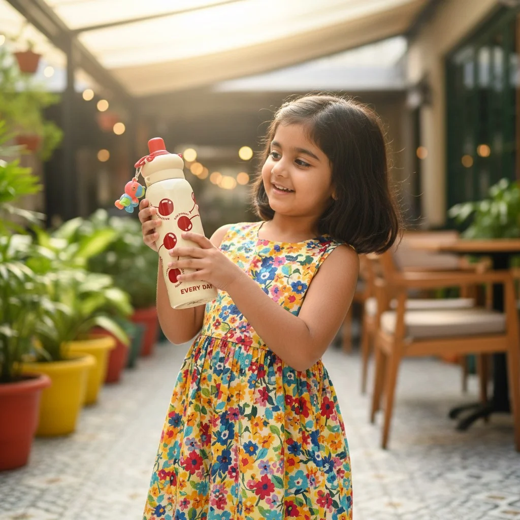 Lifestyle image showing a young girl holding the cream-coloured kids water bottle outdoors in a bright garden-style setting. The bottle features a red cherry pr
