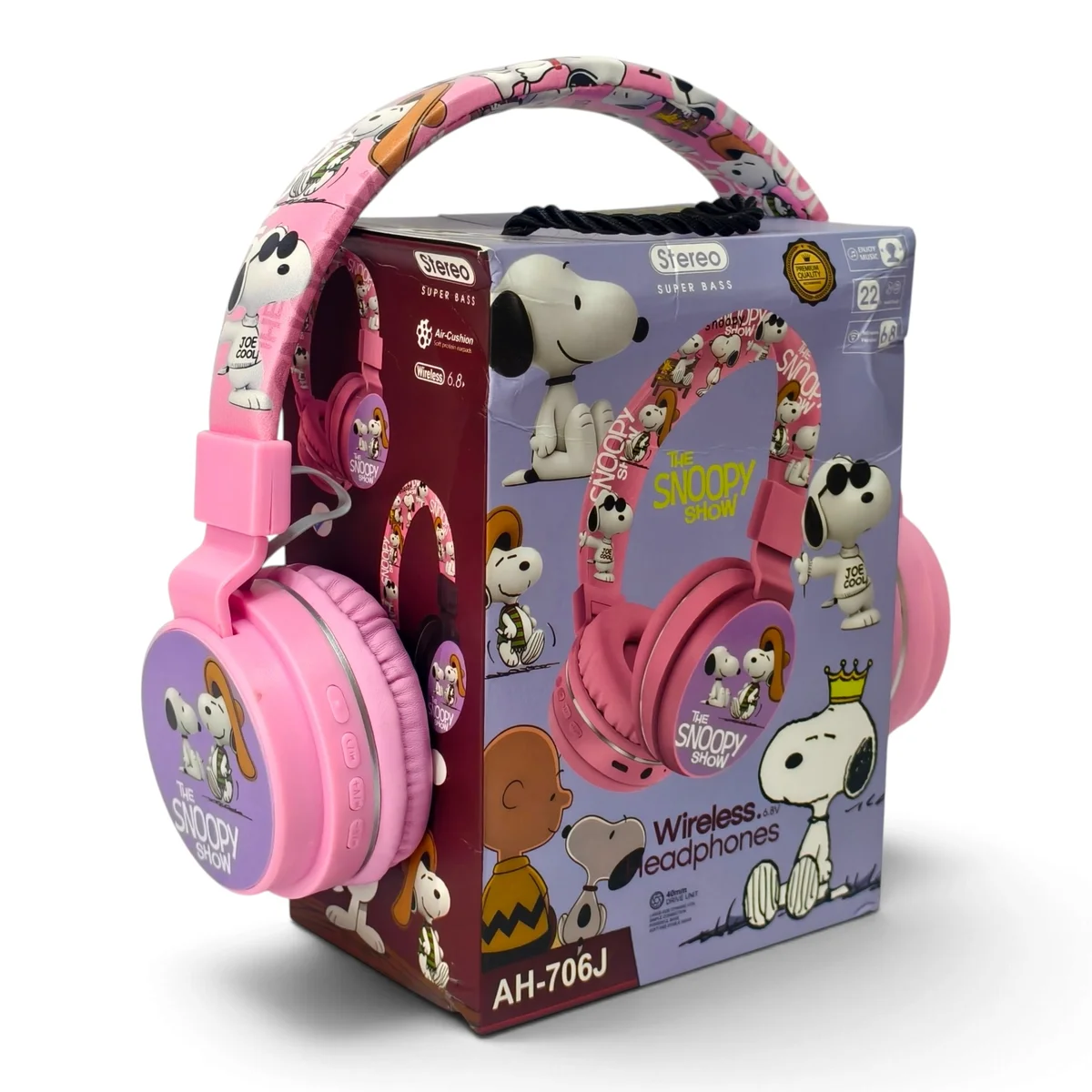Product and packaging display showing the pink headphones, Snoopy artwork, wireless branding, controls and 40mm driver information.