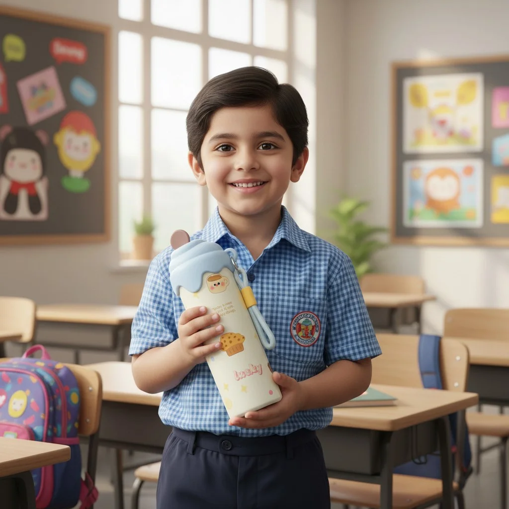 A small gate holding the most premium water bottle stainless steel in his hands in a classroom