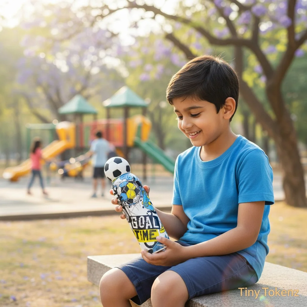 A small boy holding a football team inspired stainless steel bottle with the lid in the shape of a football