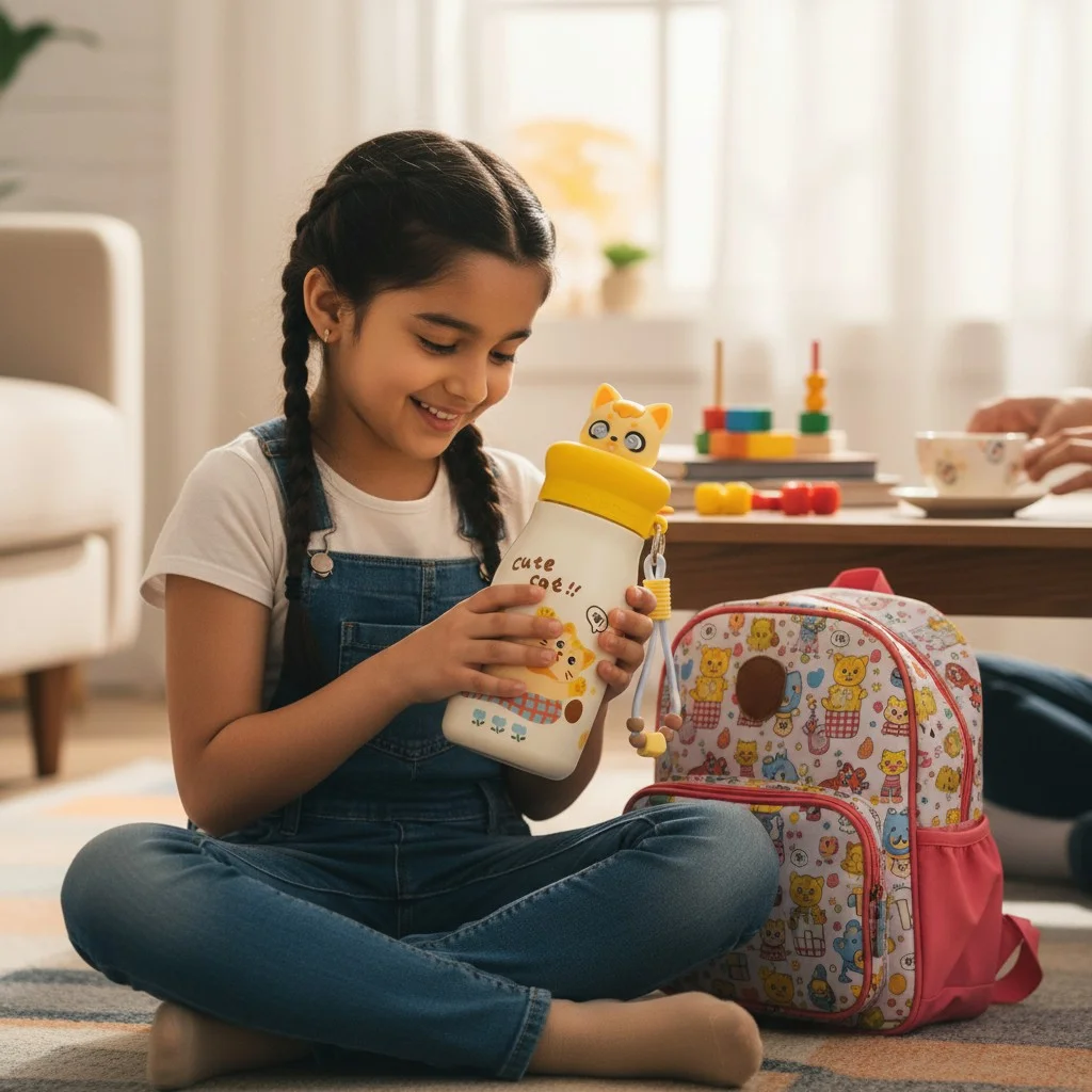 A sweet girl small seven years old holding a beautiful bearship water tumbler in her preschool