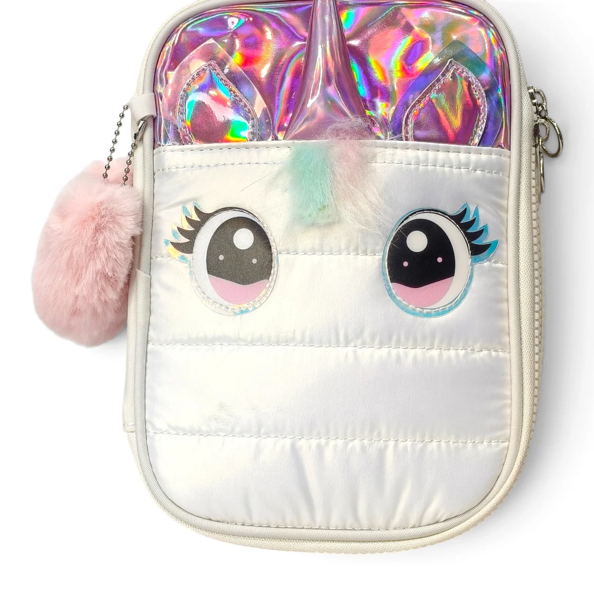 Fully opened white version showing the internal mesh storage pocket and elastic pen/pencil holders.
