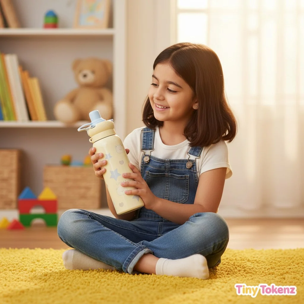 A lifestyle image showing a young girl sitting indoors and holding the Little Star kids water bottle with both hands. The cream-coloured bottle features cute be