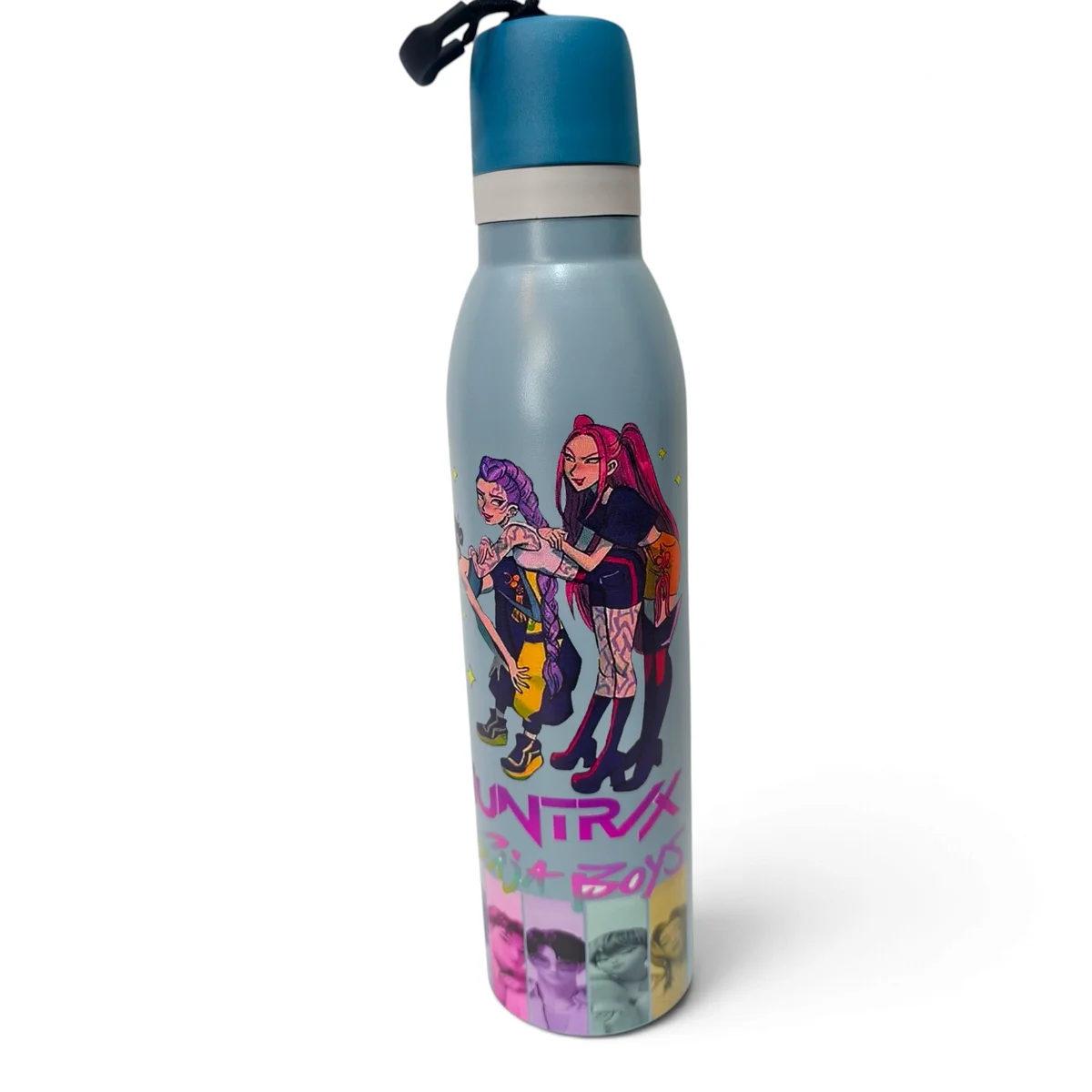 Product image showing the light blue children's water bottle standing upright against a white background. The bottle features colourful illustrated pop-star sty