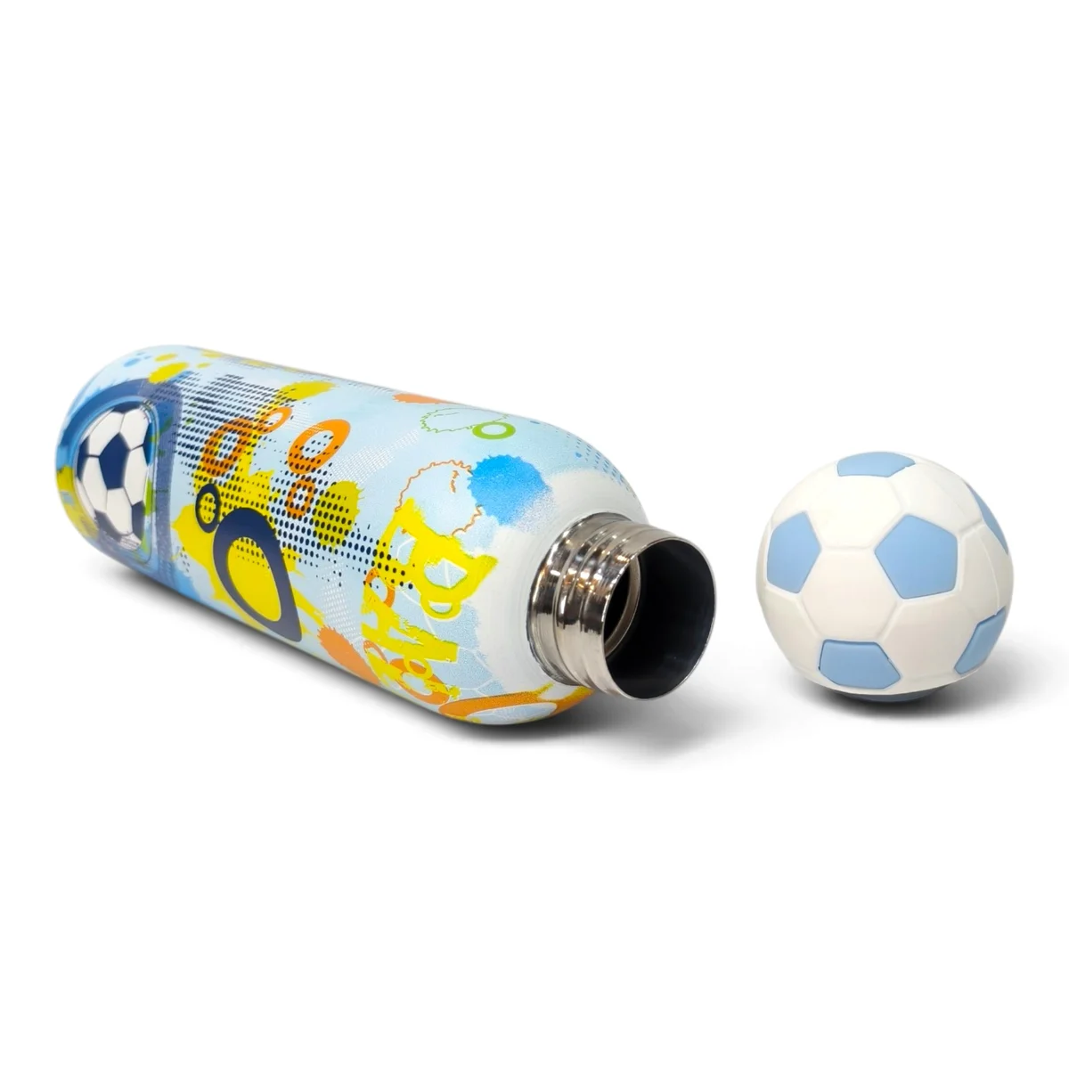 Detailed product image showing the football-themed water bottle lying horizontally with the 3D soccer ball cap removed and placed beside it. The bottle's thread