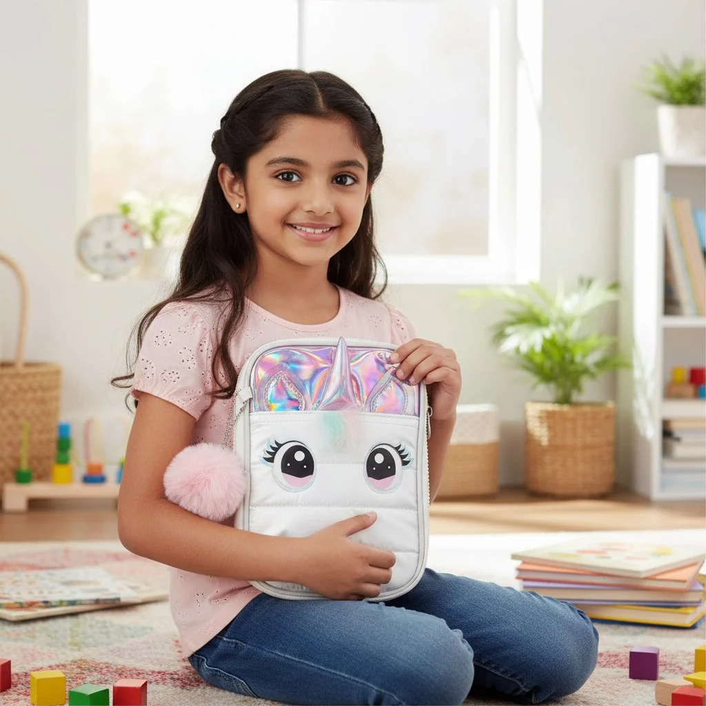 White unicorn case with holographic ears and horn, oversized cartoon eyes and fluffy pink pom-pom.