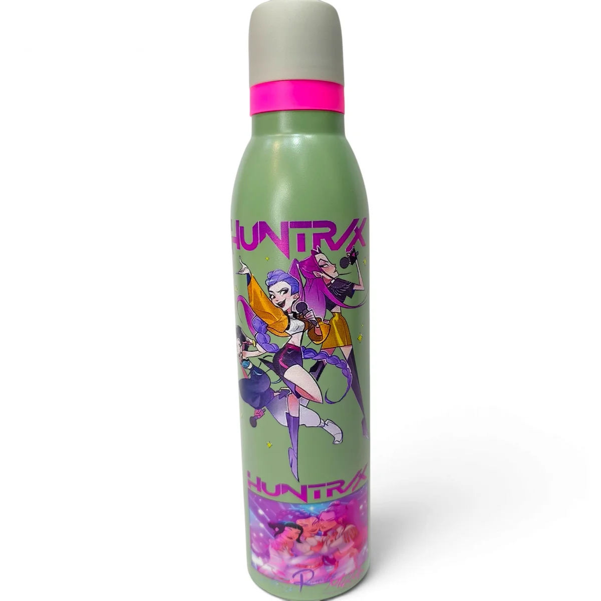 Product image showing the light blue kids water bottle standing upright against a clean white background. The bottle features colourful illustrated pop-style ch