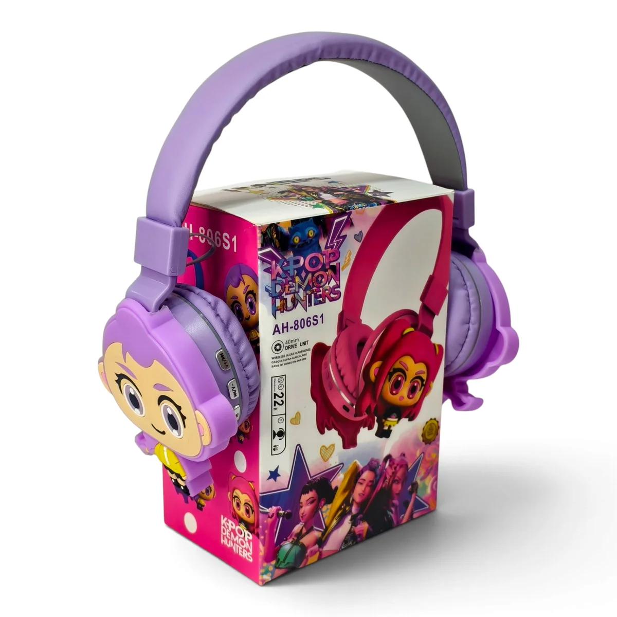Headphones displayed with their colourful themed packaging, showing the character artwork and purple design.