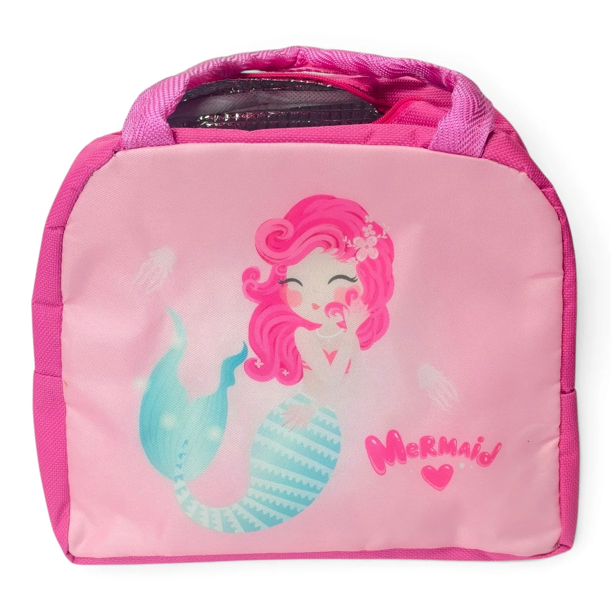 Clearly show the mermaid artwork, pink fabric construction, zippered opening, structured body, carry handles and insulated interior.
