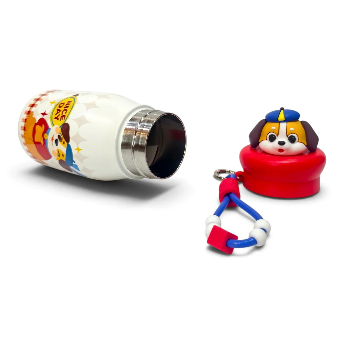 Detailed product image showing the children's water bottle lying horizontally with the red character lid and carry strap separated from the bottle. The open bot