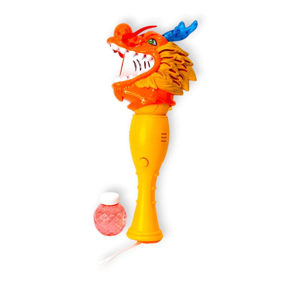 The image shows the complete dragon-themed bubble machine against a clean white background. The toy has a bright yellow/orange handle and a detailed orange drag