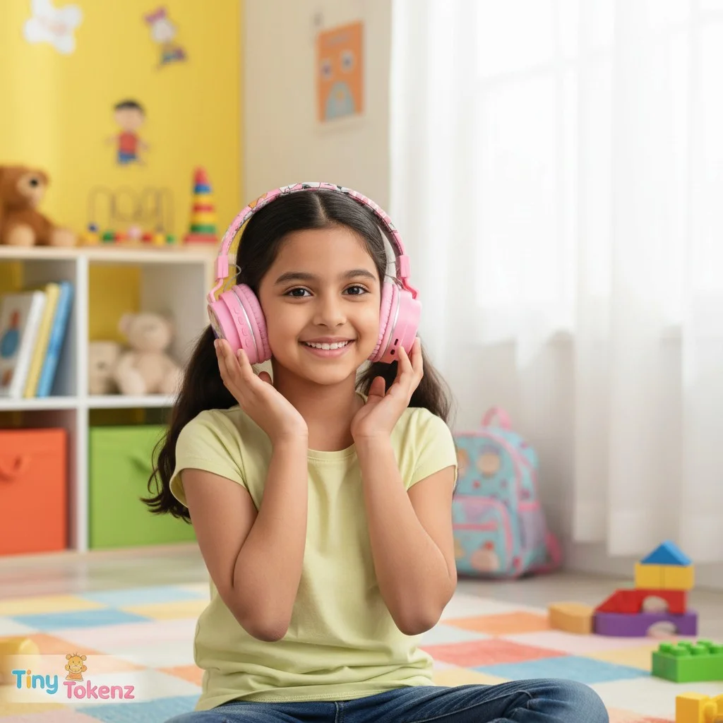 A child wearing the pink Snoopy-themed headphones, demonstrating their comfortable over-ear design.