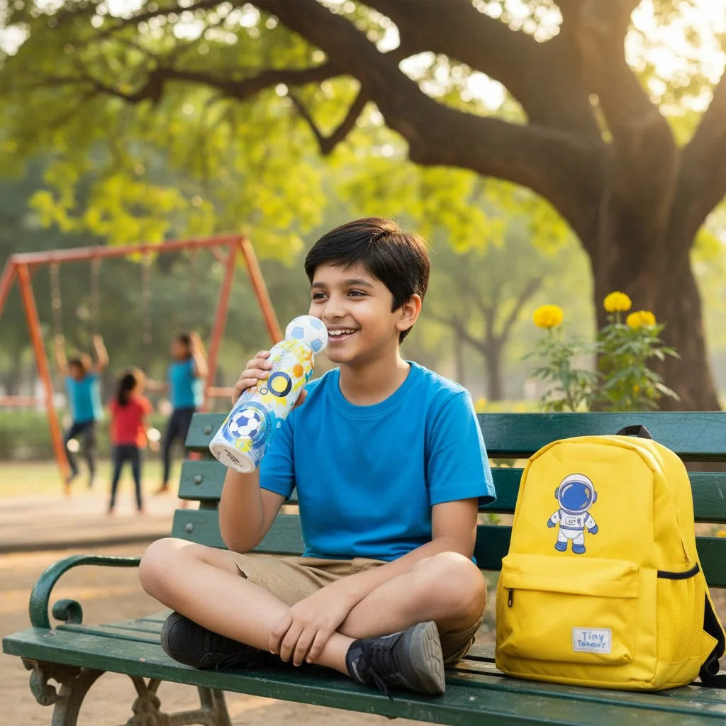 Lifestyle image showing a young boy sitting on a park bench and holding the football-themed kids water bottle. The bottle has a light blue body with colourful s