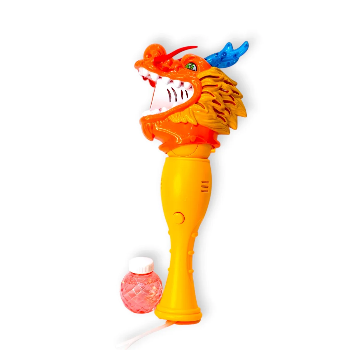 A closer product view highlighting the colourful dragon head, open mouth and bubble outlet. The ergonomic yellow handle and operating button are clearly visible