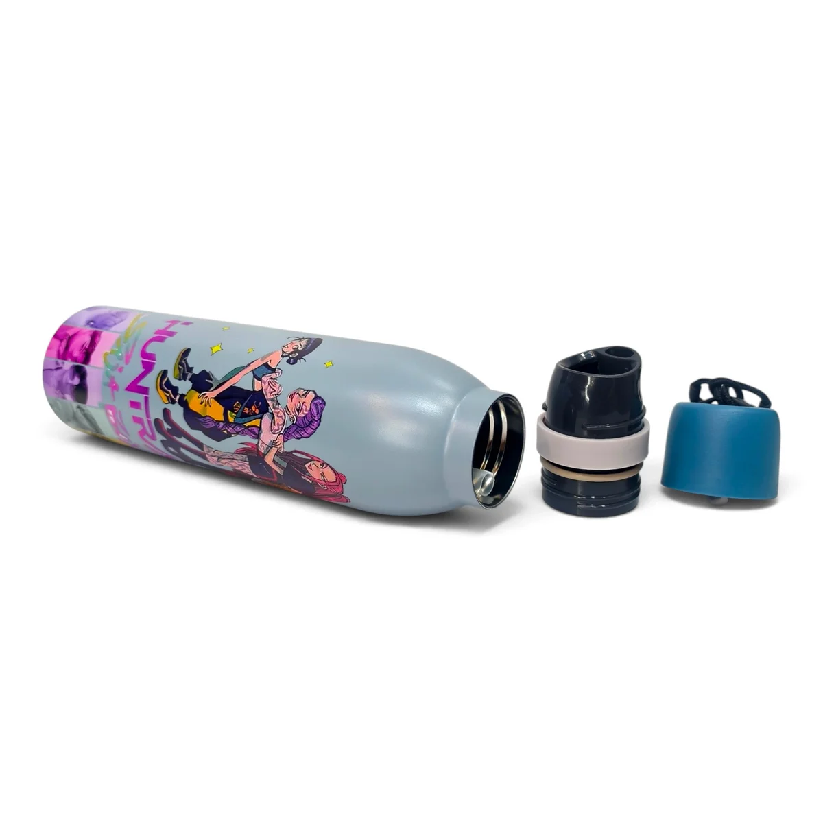 Detailed product image showing the light blue children's water bottle lying horizontally with its lid components separated beside it. The bottle opening, intern