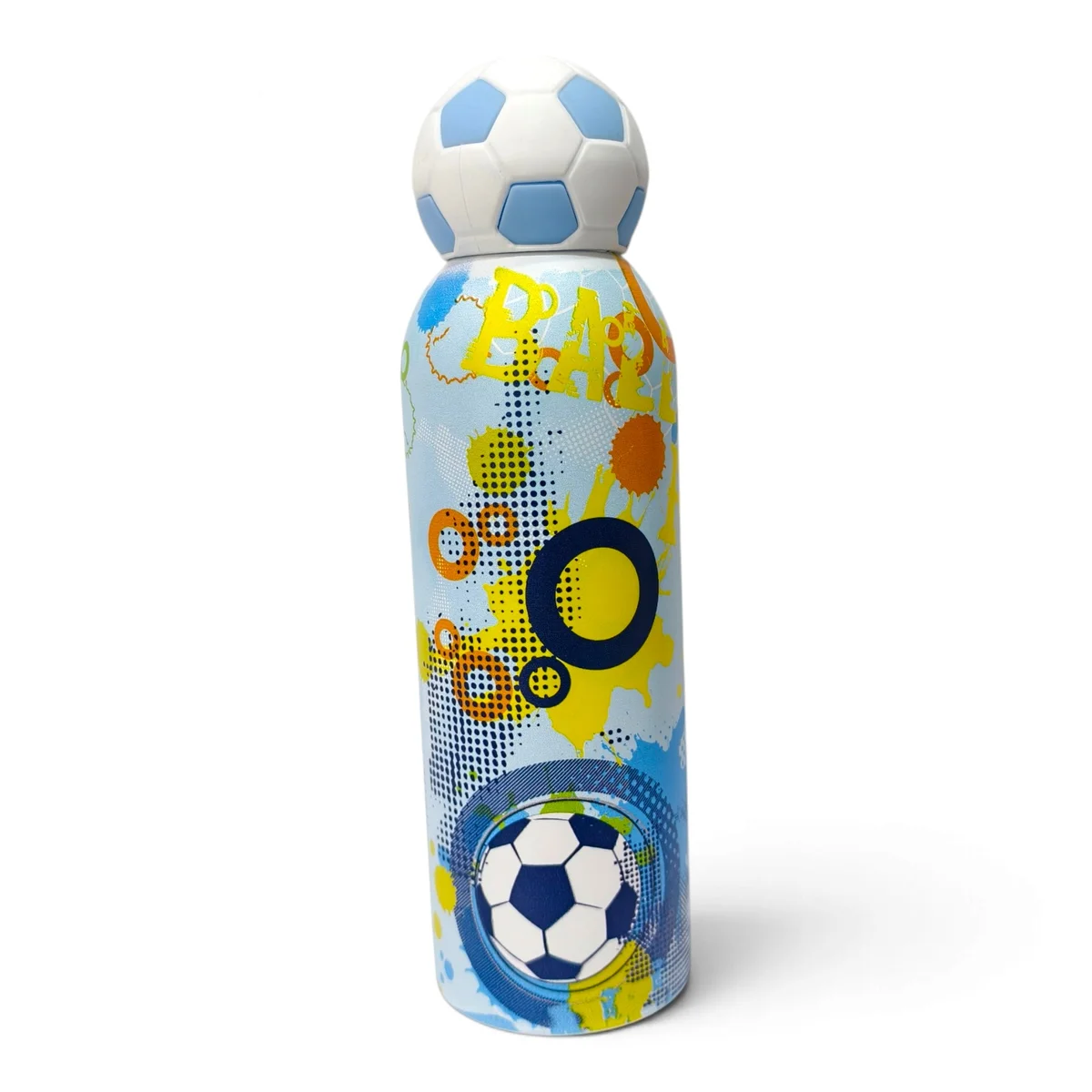 Product image showing the football-themed kids water bottle standing upright against a white background. The light blue bottle features colourful soccer balls,