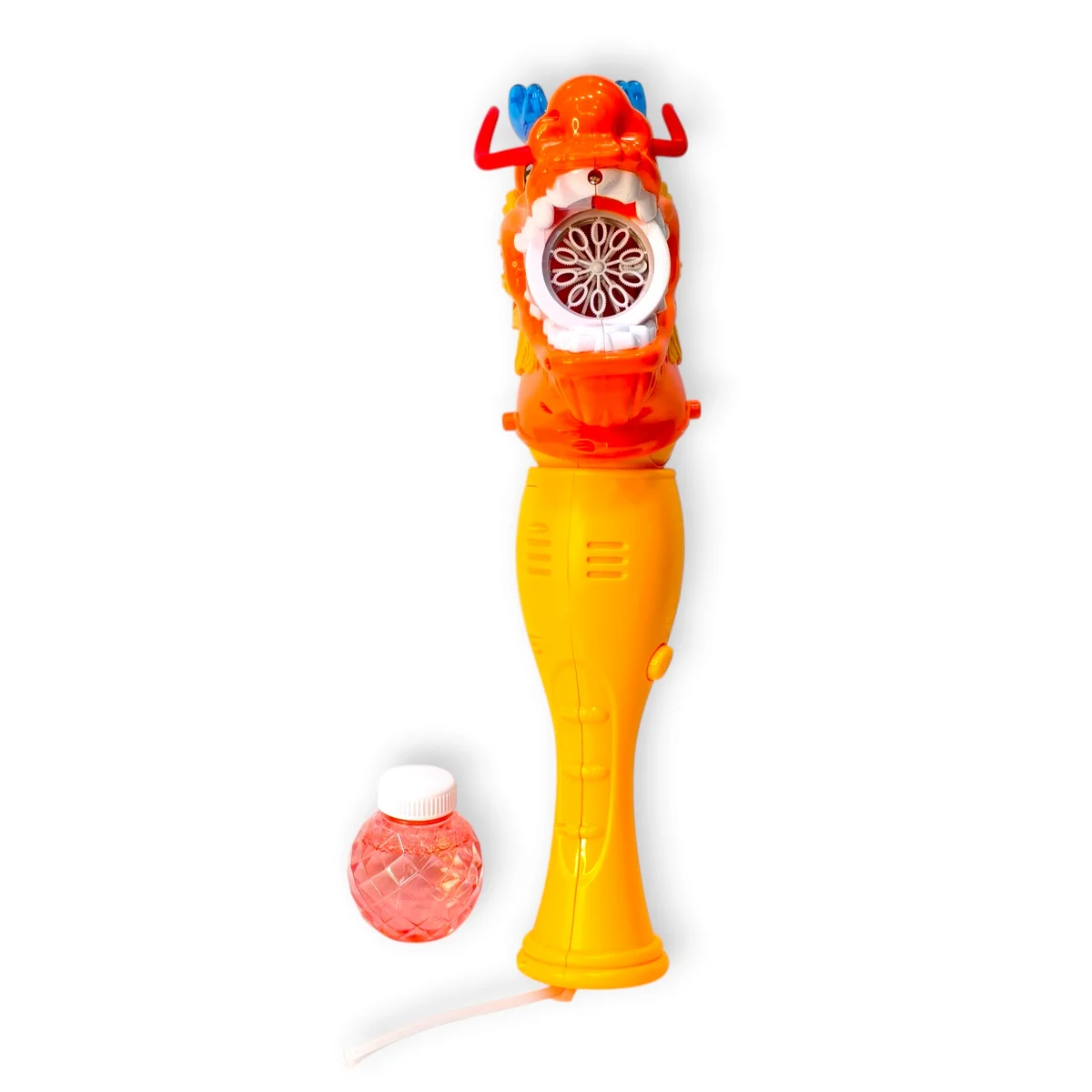 The machine is photographed directly from the front, clearly showing the circular bubble outlet located inside the dragon's open mouth. The dragon's teeth, horn