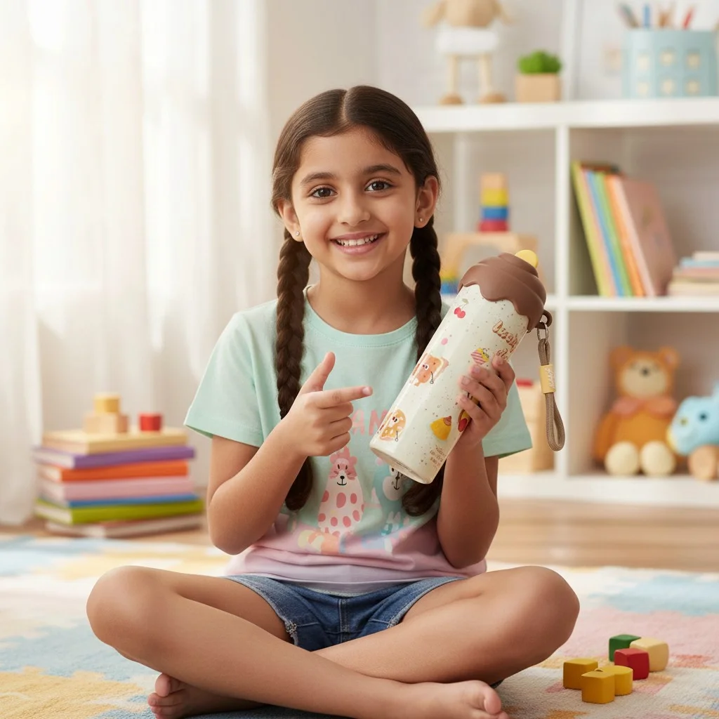 Lifestyle image showing a young girl holding the cute children's water bottle indoors. The bottle has a cream-coloured body with colourful dessert and food-them