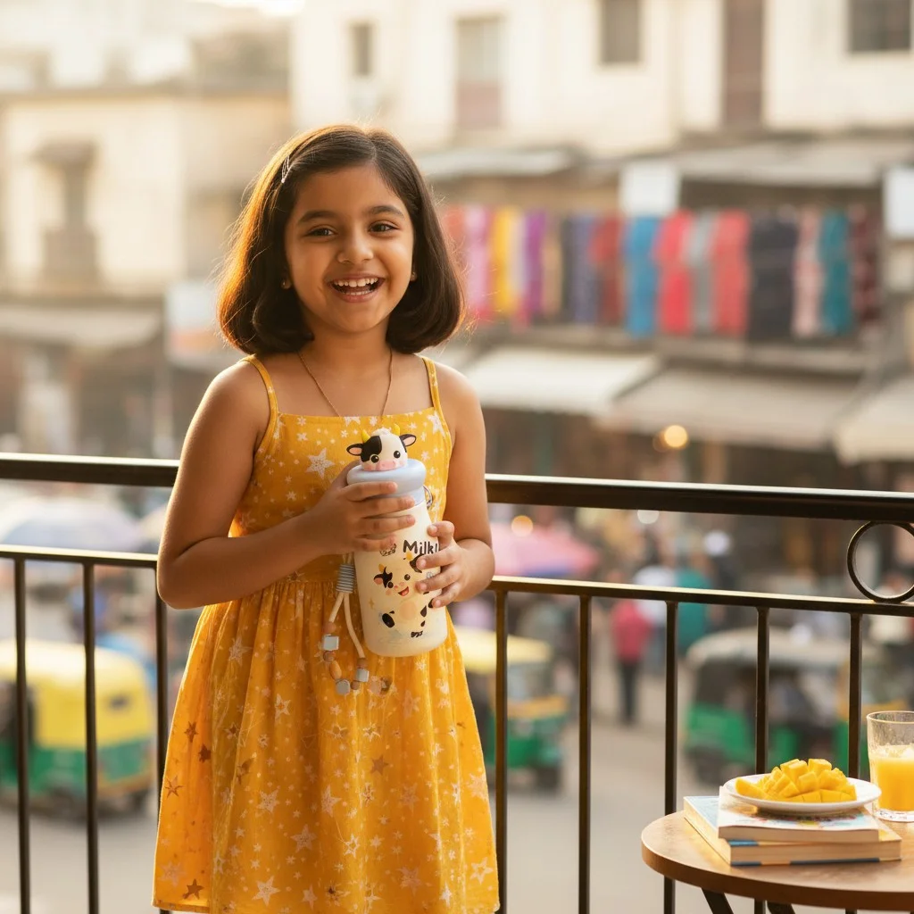 A young girl in a yellow dress is holding the cute cow-themed water bottle on a balcony. The bottle features a cream body, light blue top, adorable 3D cow chara