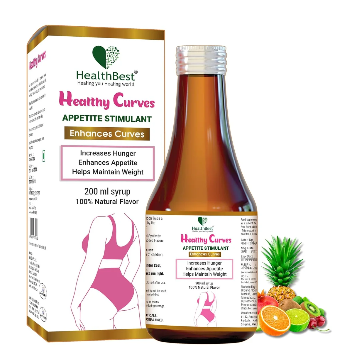 Healthbest Weight Gain Syrup For Women & Girls - 200ml - Enhance Curves & Body Shape - Boost Appetite, Digestive Metabolism & Energy Tonic - Pineapple Flavor