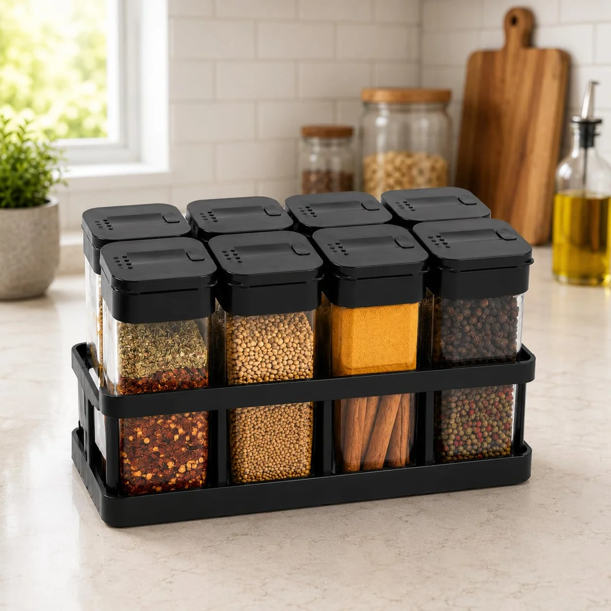 TASMAX 8 Pcs Sets Airtight Masala Box For Kitchen Masala Container For Kitchen Spice Jars Multi Storage Container For Kitchens Easy Flow Spice Storage Container With Tray Spice Jars - Plastic, Black