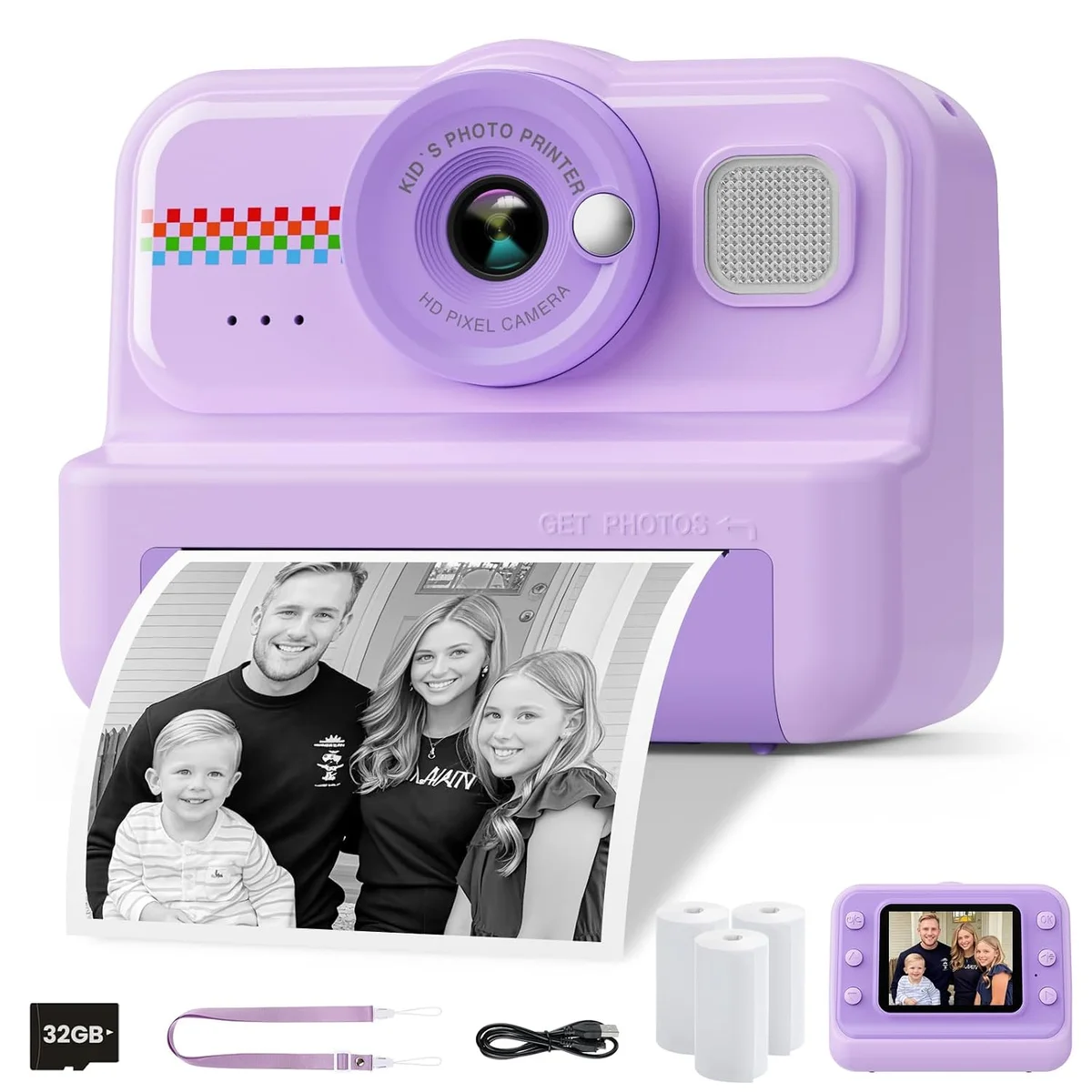 Kids Camera Instant Print, 1080P HD Instant Print Camera for Kids with 3 Rolls Print Paper & 32GB Card, Selfie Digital Camera for Kid, Ideal Kid Toys Gifts for Boys & Girls Age 3-14 (Purple)
