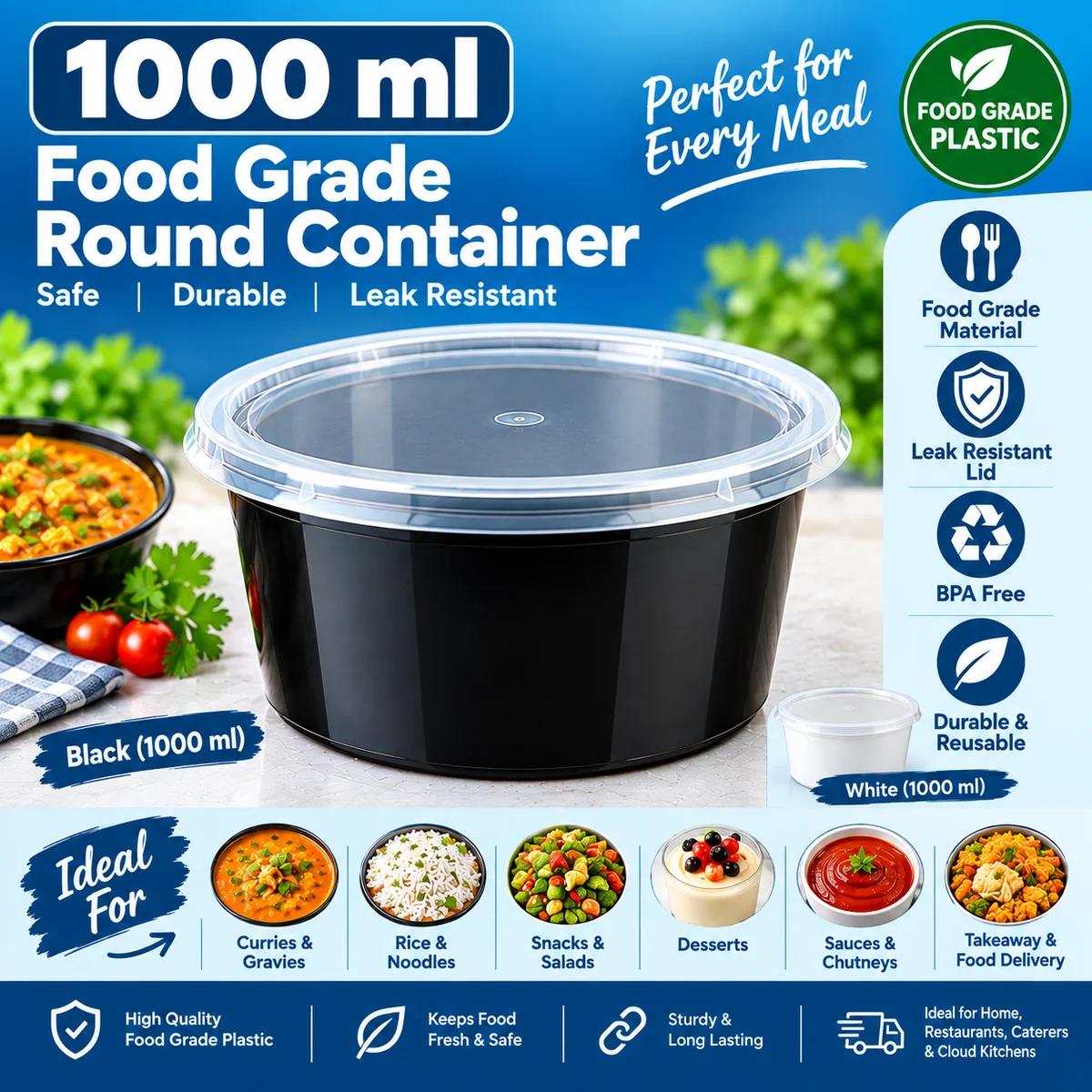 1000 ml Food grade round container Black/White X 50 pcs