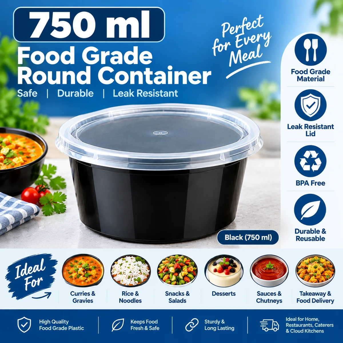 750 ml round Food grade container 750 ml X 50 pcs pack