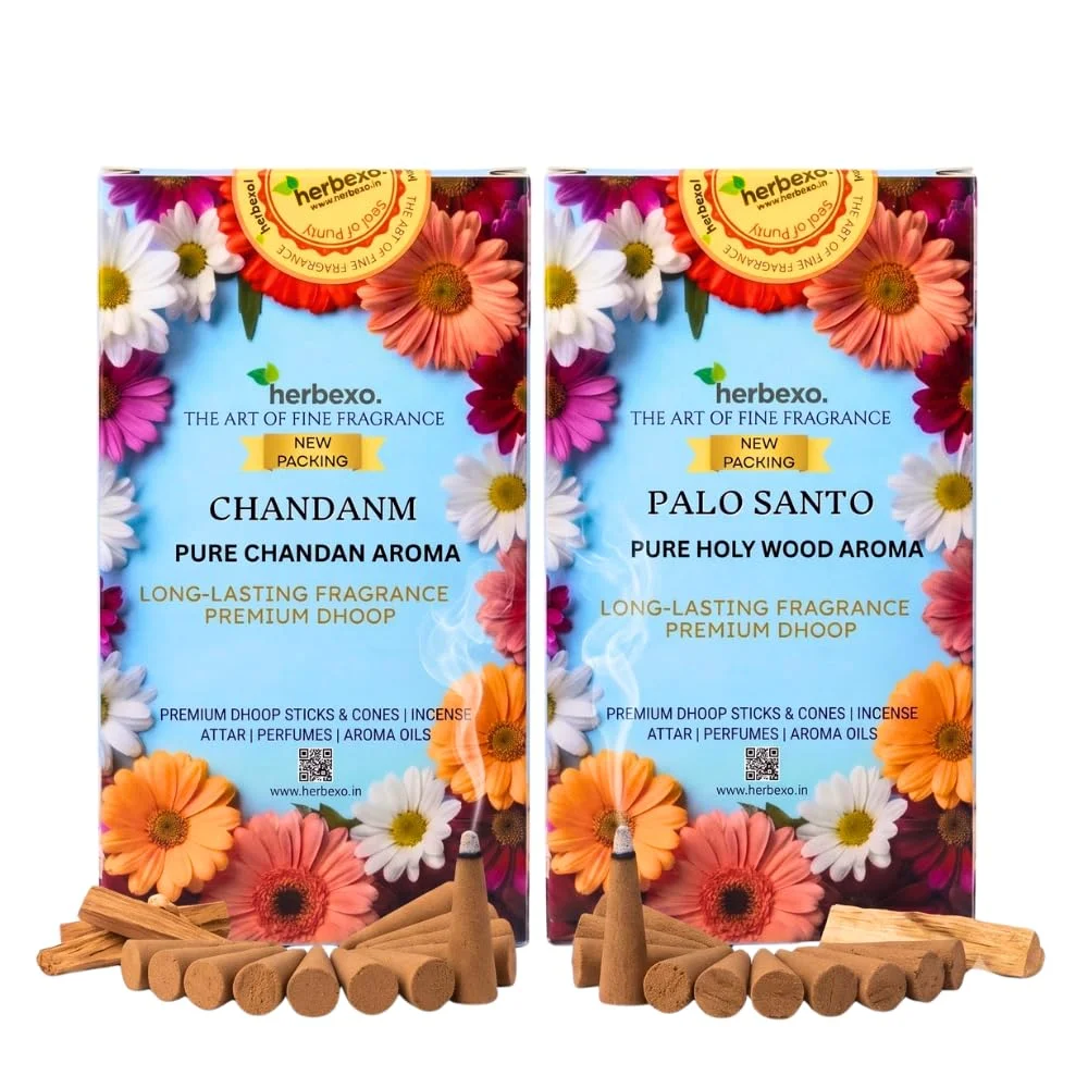 Palo Santo & Sandalwood (Chandan) Herbal Dhoop Cones Combo Pack by Herbexo | Attar Infused | Natural Ingredients, Charcoal Free, Low Smoke, Non-Toxic Dhoop for Pooja, Meditation & Home Fragrance
