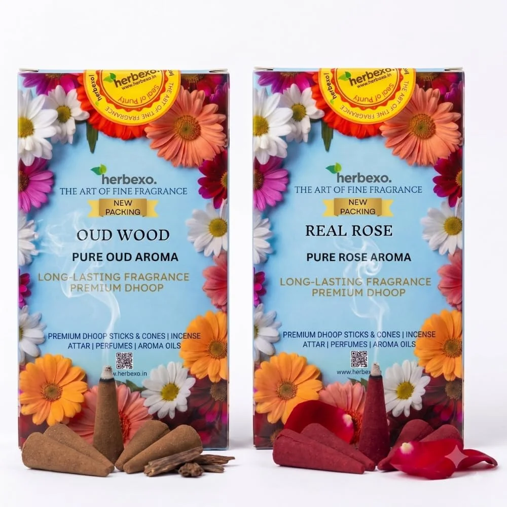 Oud & Rose Fragrance Dhoop Cones Combo Pack | 100% Natural, Charcoal Free, Long Lasting Aroma, Low Smoke Herbal Dhoop for Pooja, Meditation & Home Fragrance