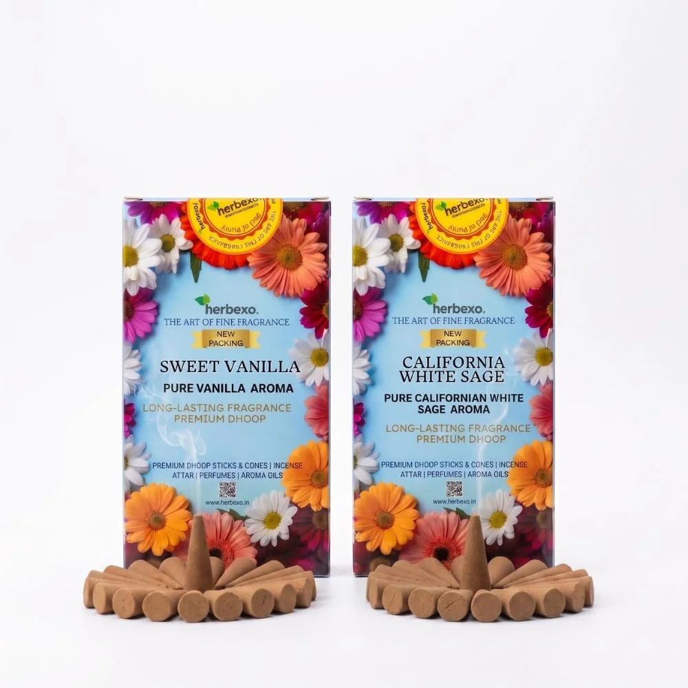 White Sage & Sweet Vanilla Herbal Dhoop Cones Combo Pack by Herbexo | Attar Infused | Natural Ingredients, Charcoal Free, Low Smoke, Non-Toxic Dhoop for Pooja, Meditation & Home Fragrance