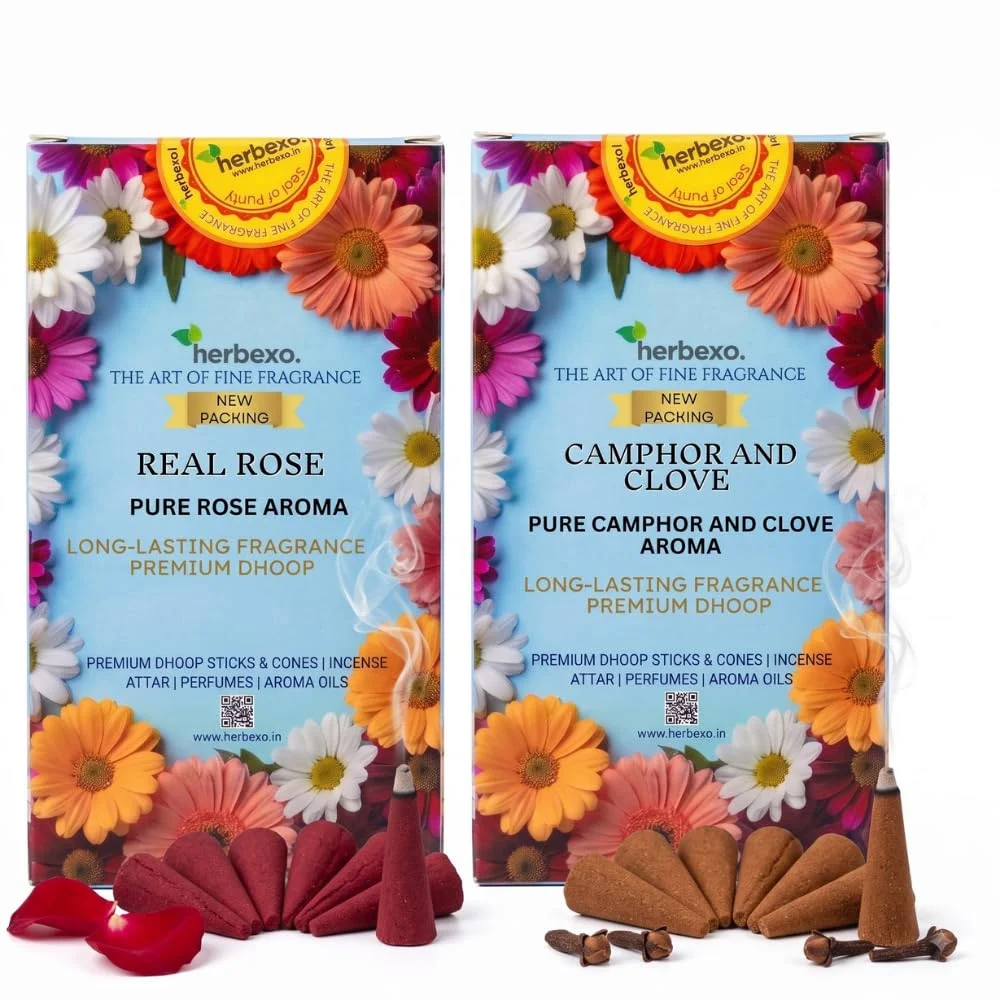 Real Rose & Camphor Clove Fragrance Dhoop Cones Combo | Natural Aroma for Pooja, Meditation, Relaxation | Charcoal-Free, Low Smoke