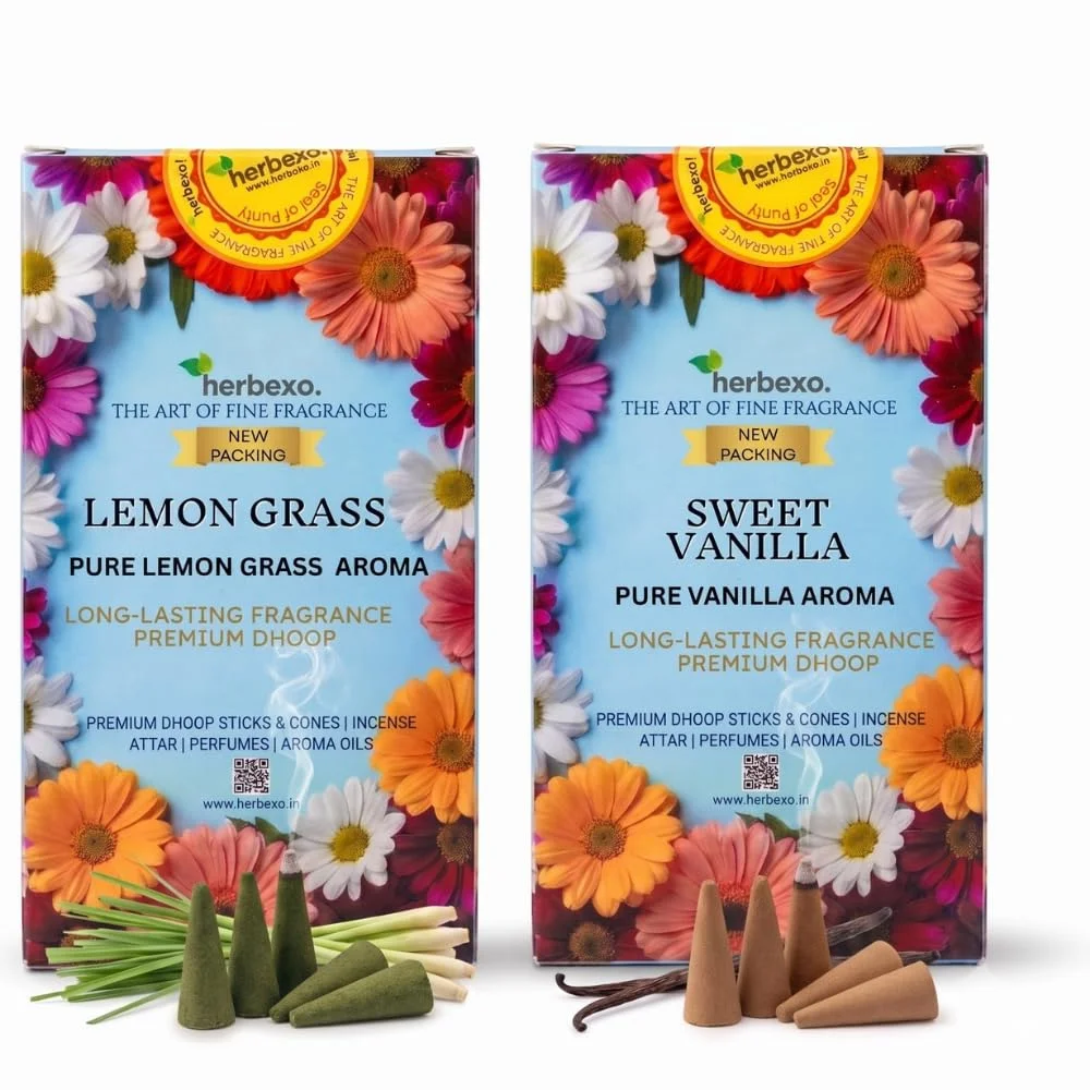 Hrebexo Herbal Dhoop Cones Combo - Sweet Vanilla Fragrance & Lemongrass Fragrance | Calming & Energizing Natural Fragrance for Meditation & Home Blessing