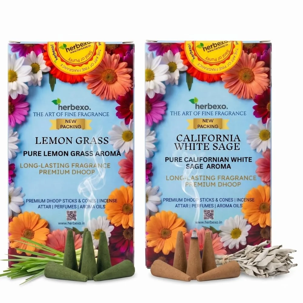 White Sage & Lemongrass Herbal Dhoop Cones Combo Pack by Herbexo | Attar Infused | Natural Ingredients, Charcoal Free, Low Smoke, Non-Toxic Dhoop for Pooja, Meditation & Home Fragrance