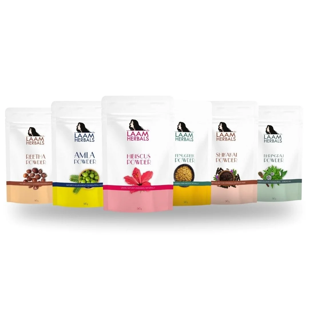 Laam Herbals Amla, Reetha, Shikakai, Bhringraj, Hibiscus & Methi Powder | Nourish, Improves Texture, Strengthens, and Provide Overall Scalp Health (6X50 g)