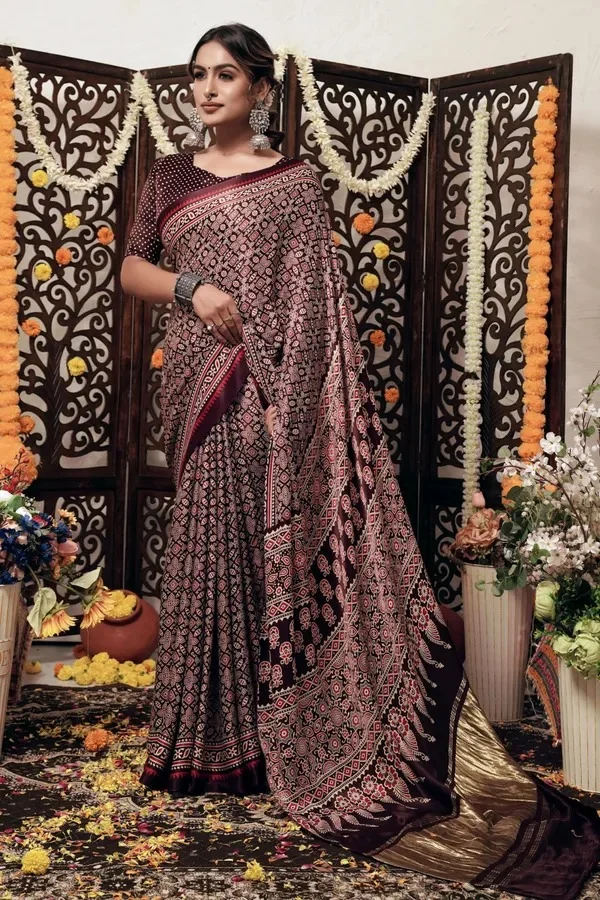 Elegance Gajji Silk Ajrakh Print Bandhani Saree